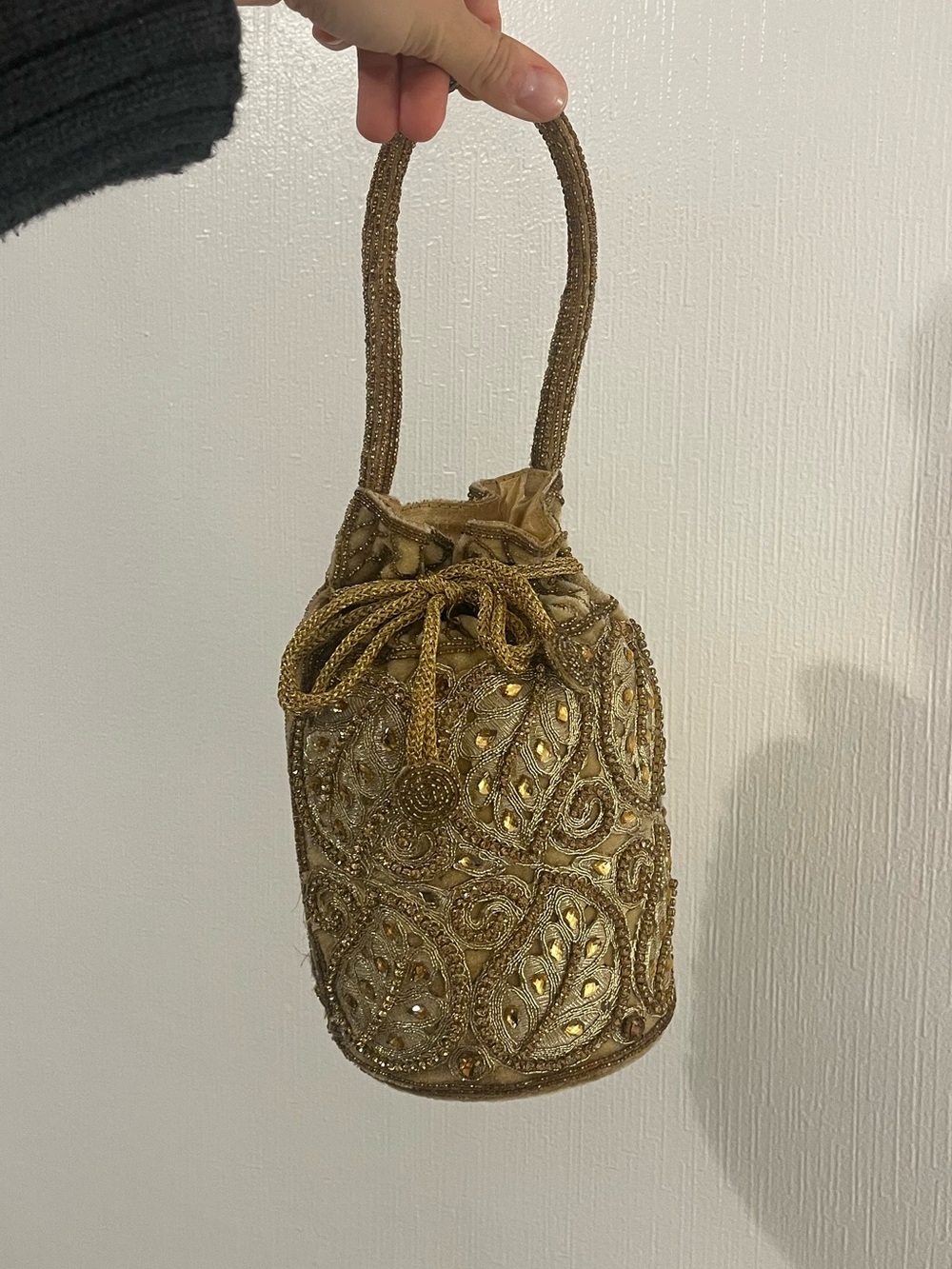 Gold Beaded Drawstring Bag